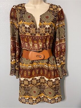 Brown Boho Paisley Tribal Print Tunic Dress Belted Hippie Retro 70’s Small Sz 2